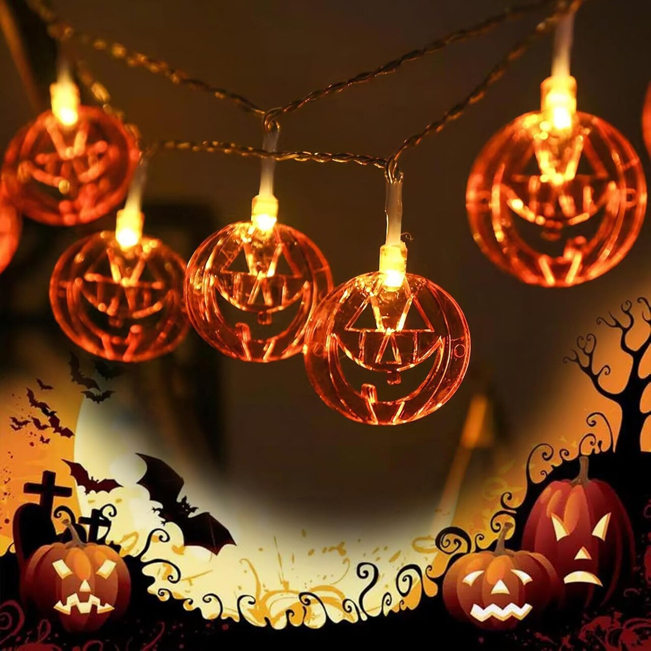 Halloween Orange Pumpkin Lanterns – Battery Operated String Lights, 30 LED Smiley Face Jack-O’-Lanterns, Indoor & Outdoor Waterproof, Warm White